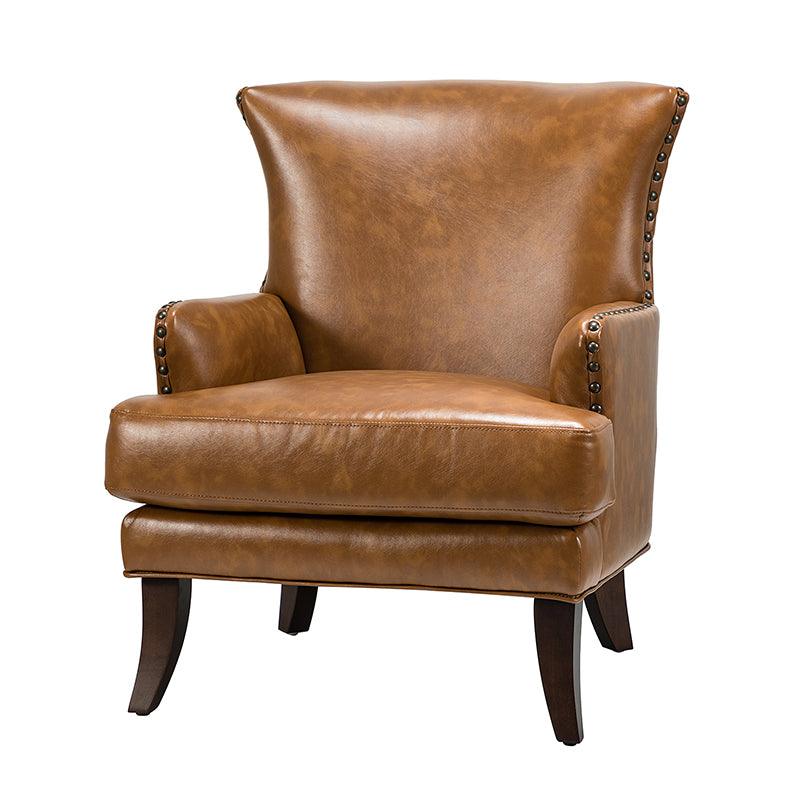 Fauteuil à dossier haut en cuir végétalien avec garniture cloutée et pieds incurvés en bois massif | Camel / Marron / Turquoise | Un seul siège