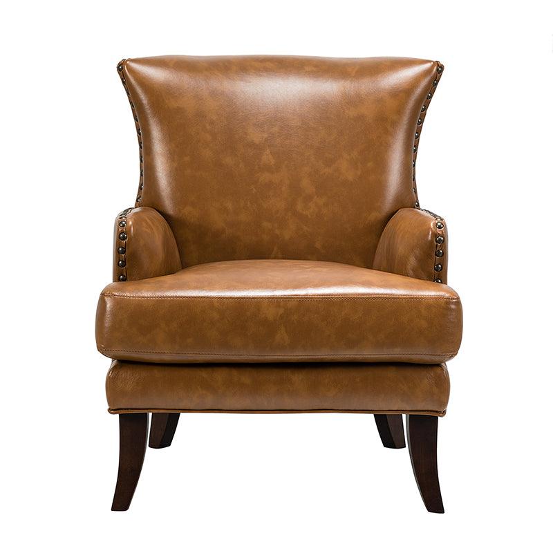 Fauteuil à dossier haut en cuir végétalien avec garniture cloutée et pieds incurvés en bois massif | Camel / Marron / Turquoise | Un seul siège