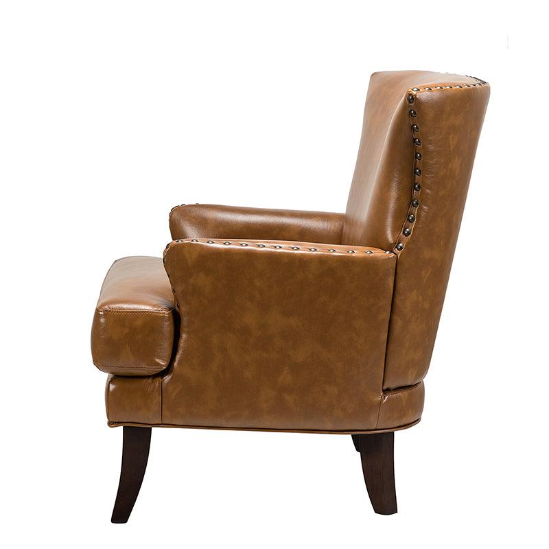 Fauteuil à dossier haut en cuir végétalien avec garniture cloutée et pieds incurvés en bois massif | Camel / Marron / Turquoise | Un seul siège