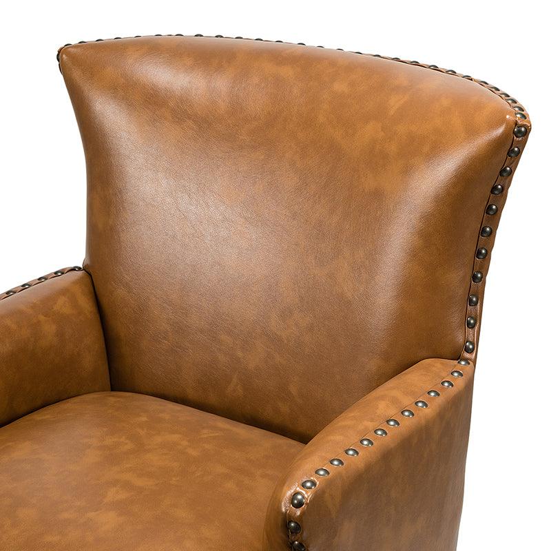 Fauteuil à dossier haut en cuir végétalien avec garniture cloutée et pieds incurvés en bois massif | Camel / Marron / Turquoise | Un seul siège