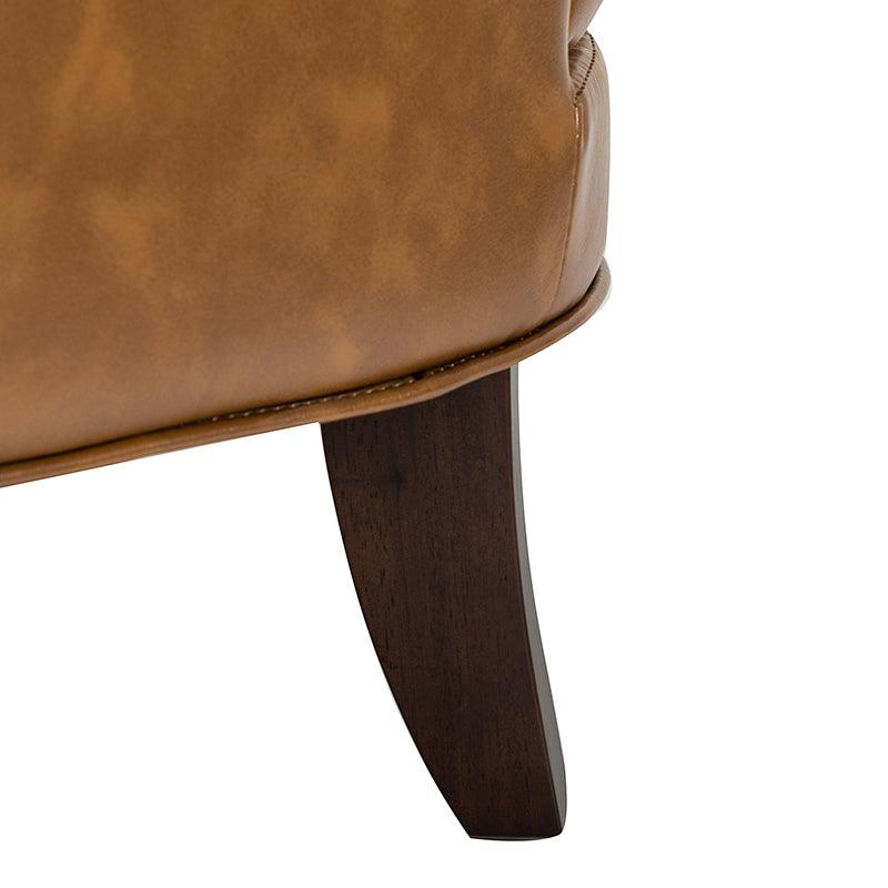 Fauteuil à dossier haut en cuir végétalien avec garniture cloutée et pieds incurvés en bois massif | Camel / Marron / Turquoise | Un seul siège