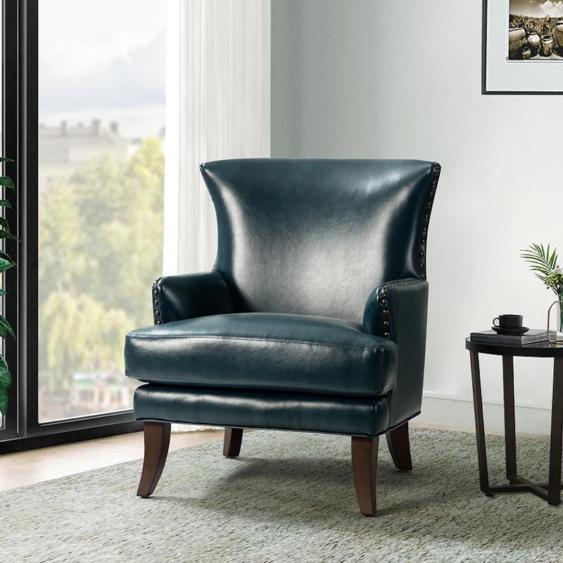 Fauteuil à dossier haut en cuir végétalien avec garniture cloutée et pieds incurvés en bois massif | Camel / Marron / Turquoise | Un seul siège
