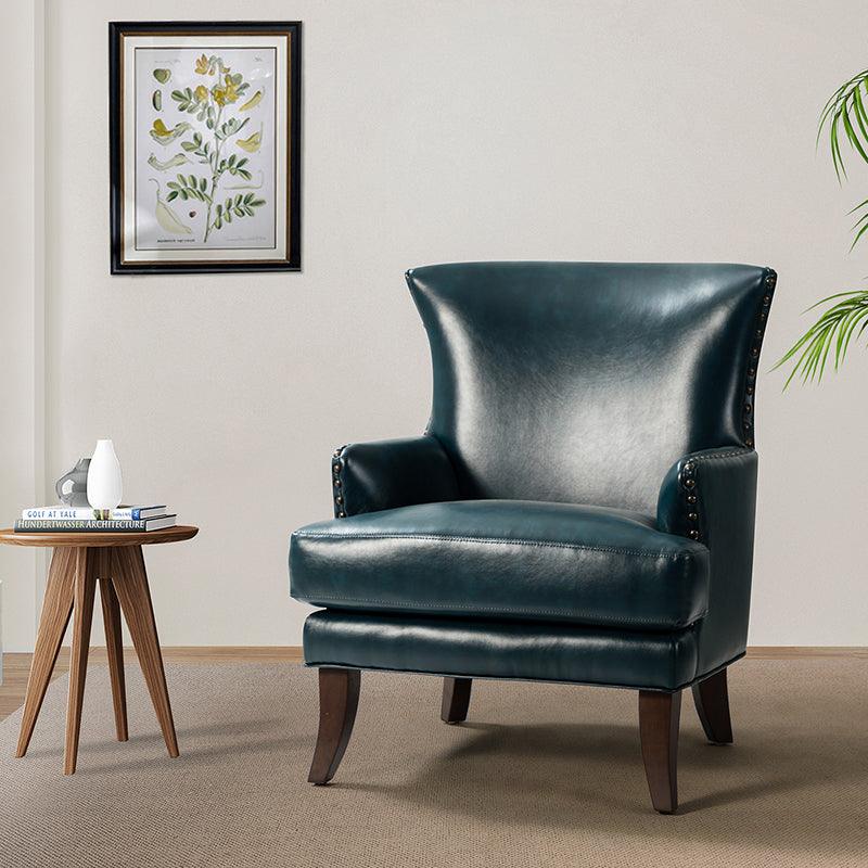 Fauteuil à dossier haut en cuir végétalien avec garniture cloutée et pieds incurvés en bois massif | Camel / Marron / Turquoise | Un seul siège