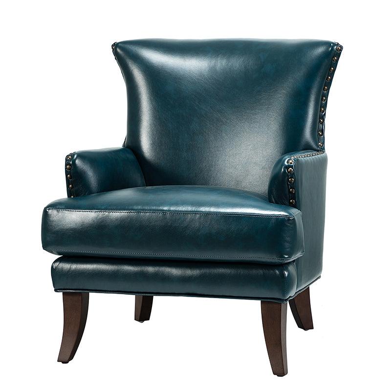 Fauteuil à dossier haut en cuir végétalien avec garniture cloutée et pieds incurvés en bois massif | Camel / Marron / Turquoise | Un seul siège