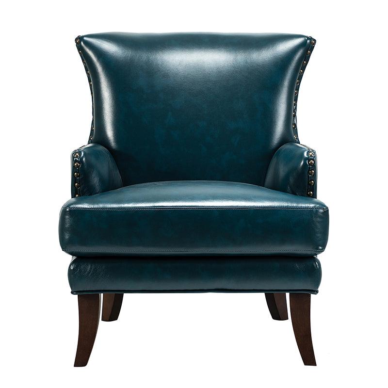 Fauteuil à dossier haut en cuir végétalien avec garniture cloutée et pieds incurvés en bois massif | Camel / Marron / Turquoise | Un seul siège