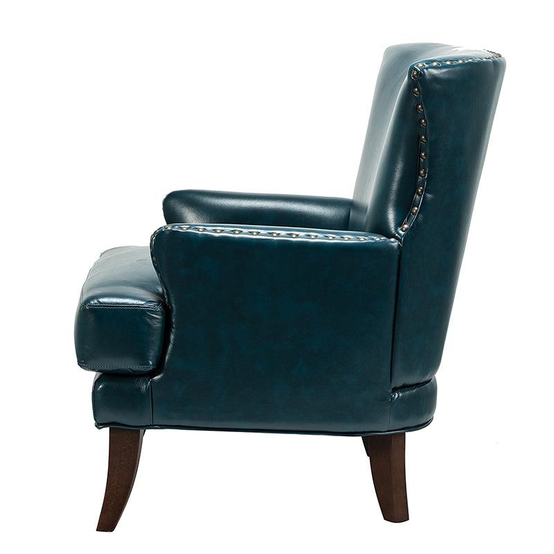 Fauteuil à dossier haut en cuir végétalien avec garniture cloutée et pieds incurvés en bois massif | Camel / Marron / Turquoise | Un seul siège