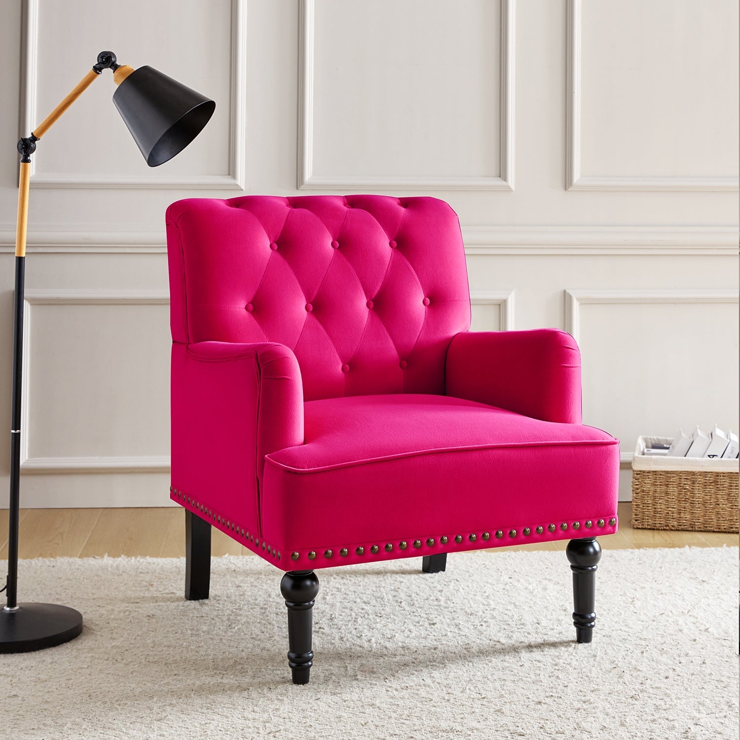 Fauteuil en velours avec rembourrage en mousse et pieds sculptés en bois massif noir | Bleu marine / Sarcelle / Fuchsia / Vert | Un seul siège
