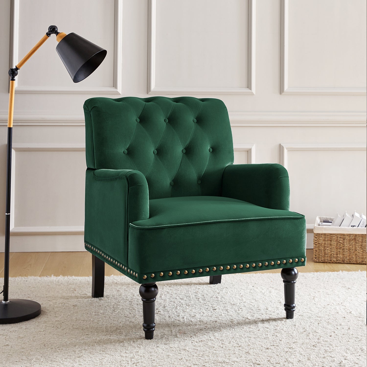 Fauteuil en velours avec rembourrage en mousse et pieds sculptés en bois massif noir | Bleu marine / Sarcelle / Fuchsia / Vert | Un seul siège