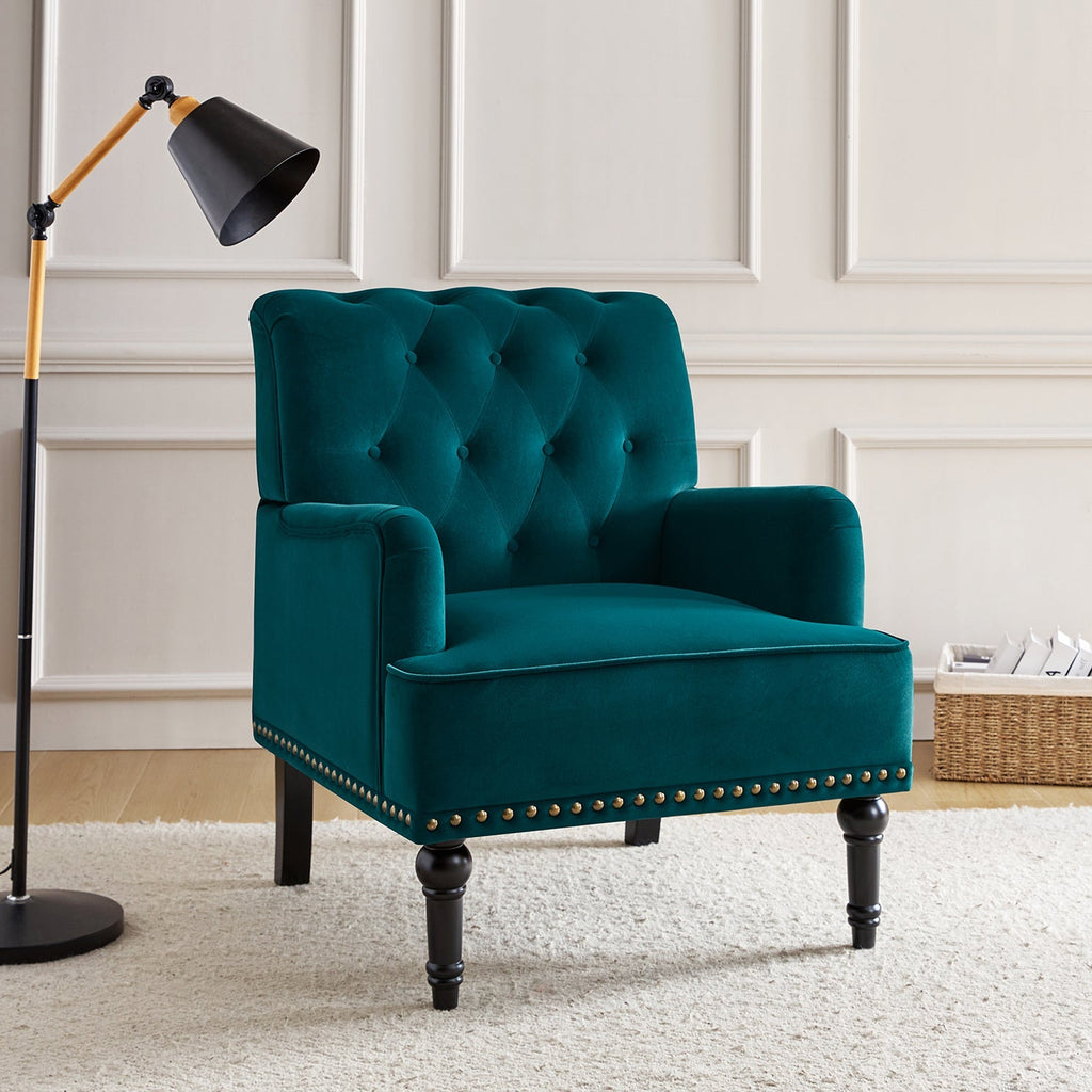 Fauteuil en velours avec rembourrage en mousse et pieds sculptés en bois massif noir | Bleu marine / Sarcelle / Fuchsia / Vert | Un seul siège