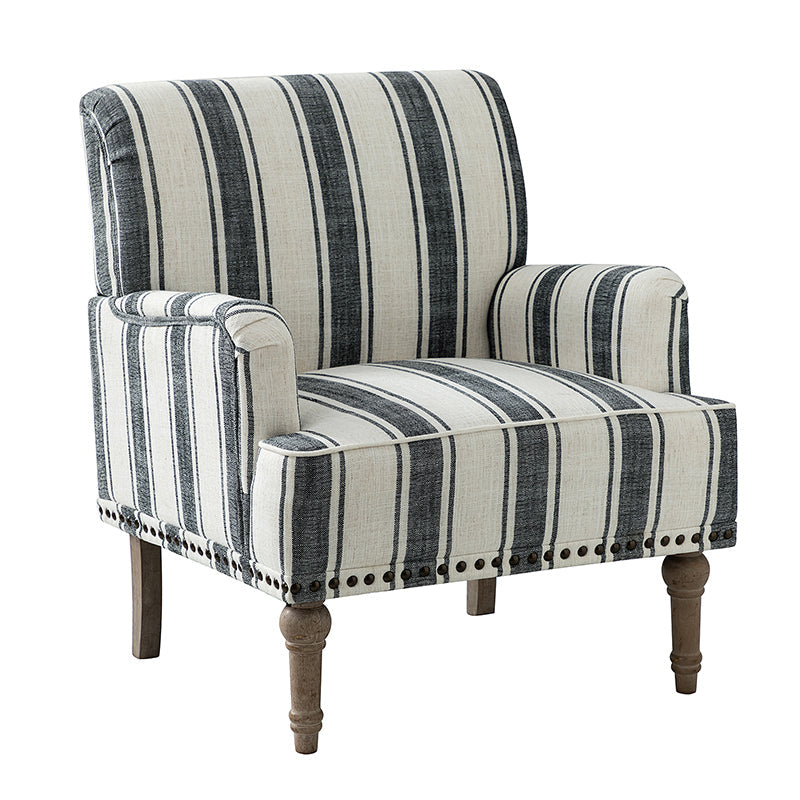 Fauteuil en polyester rayé avec garniture cloutée, accoudoirs carrés et pieds en bois sculpté gris fumé | Marine / Gris / Noir / Bleu | Siège unique