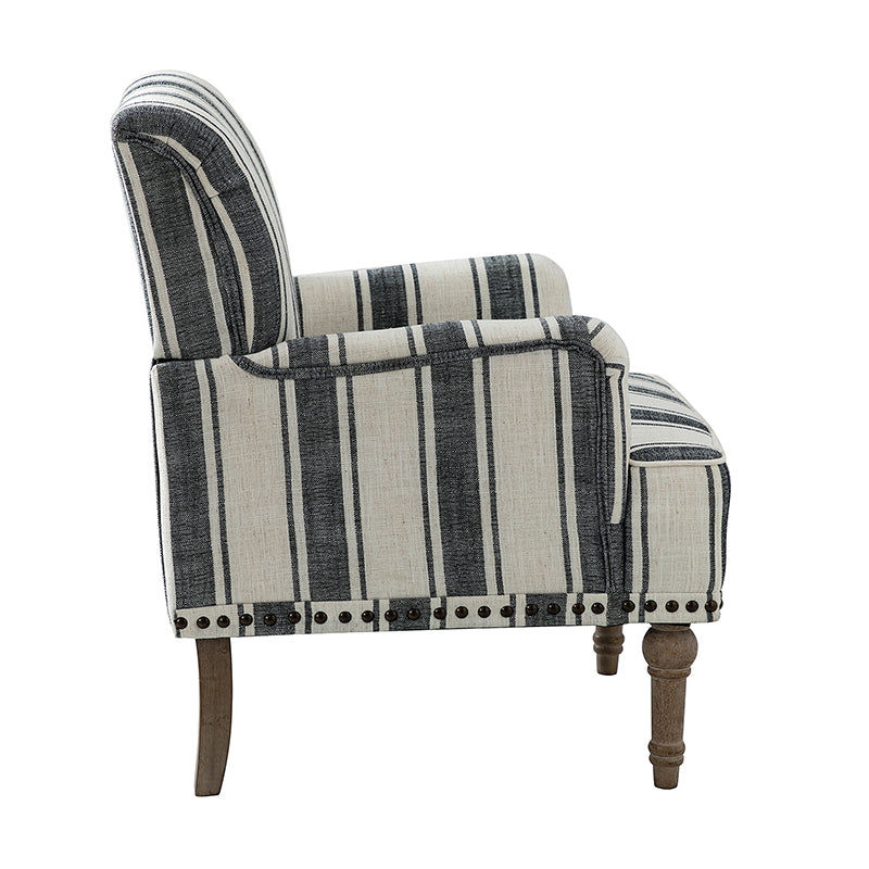 Fauteuil en polyester rayé avec garniture cloutée, accoudoirs carrés et pieds en bois sculpté gris fumé | Marine / Gris / Noir / Bleu | Siège unique