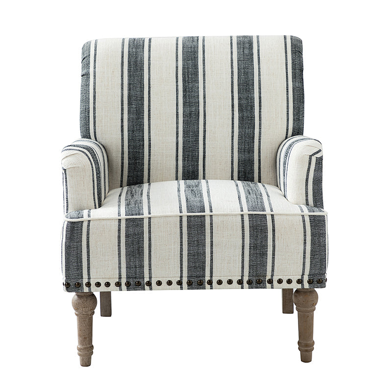 Fauteuil en polyester rayé avec garniture cloutée, accoudoirs carrés et pieds en bois sculpté gris fumé | Marine / Gris / Noir / Bleu | Siège unique