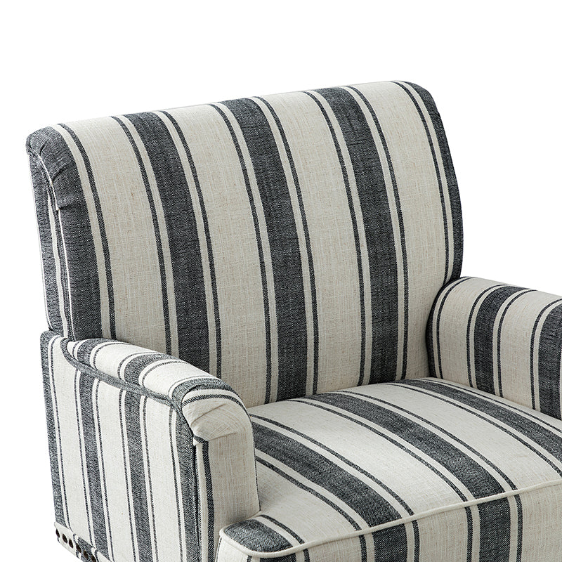 Fauteuil en polyester rayé avec garniture cloutée, accoudoirs carrés et pieds en bois sculpté gris fumé | Marine / Gris / Noir / Bleu | Siège unique
