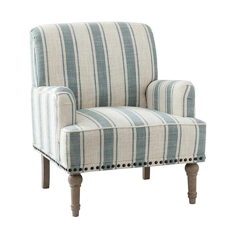 Fauteuil en polyester rayé avec garniture cloutée, accoudoirs carrés et pieds en bois sculpté gris fumé | Marine / Gris / Noir / Bleu | Siège unique