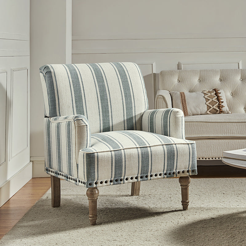 Fauteuil en polyester rayé avec garniture cloutée, accoudoirs carrés et pieds en bois sculpté gris fumé | Marine / Gris / Noir / Bleu | Siège unique