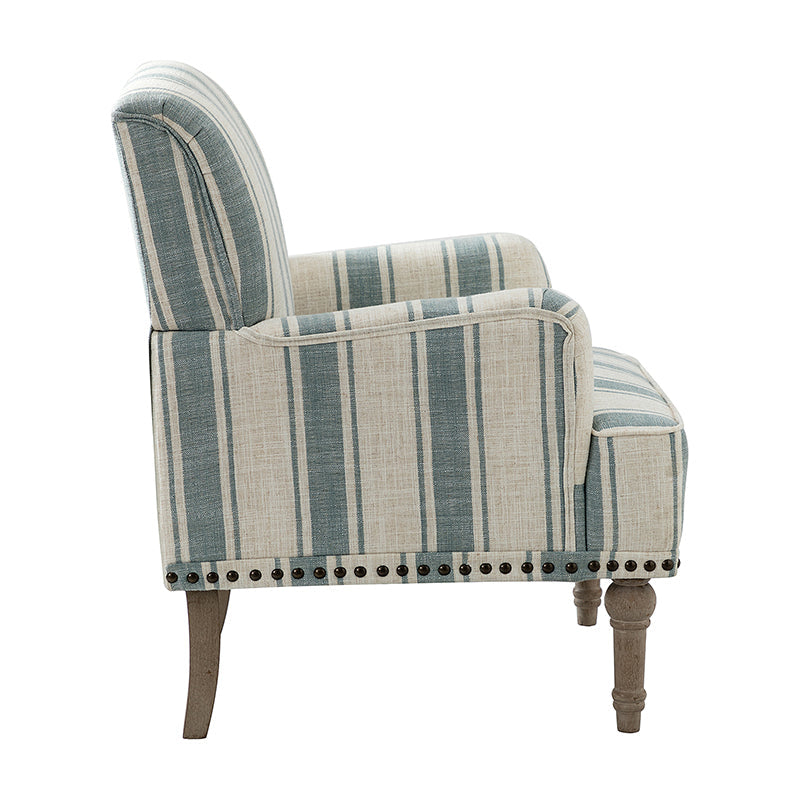 Fauteuil en polyester rayé avec garniture cloutée, accoudoirs carrés et pieds en bois sculpté gris fumé | Marine / Gris / Noir / Bleu | Siège unique