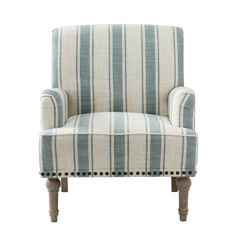 Fauteuil en polyester rayé avec garniture cloutée, accoudoirs carrés et pieds en bois sculpté gris fumé | Marine / Gris / Noir / Bleu | Siège unique