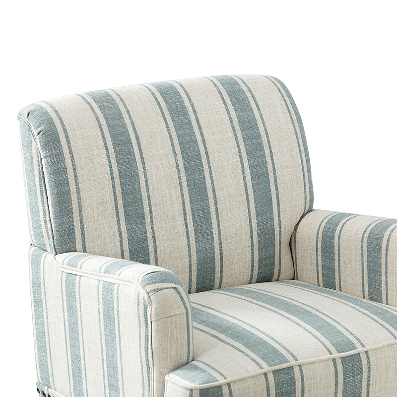 Fauteuil en polyester rayé avec garniture cloutée, accoudoirs carrés et pieds en bois sculpté gris fumé | Marine / Gris / Noir / Bleu | Siège unique