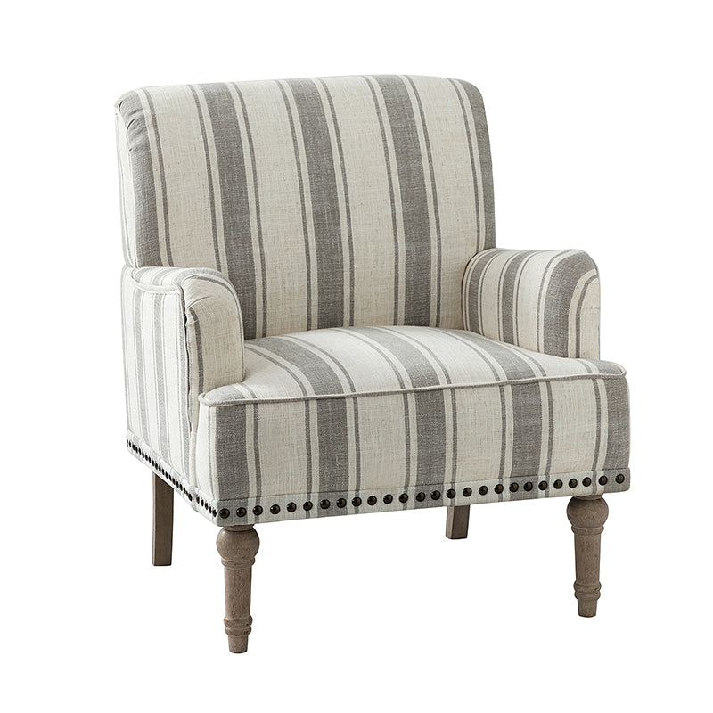 Fauteuil en polyester rayé avec garniture cloutée, accoudoirs carrés et pieds en bois sculpté gris fumé | Marine / Gris / Noir / Bleu | Siège unique