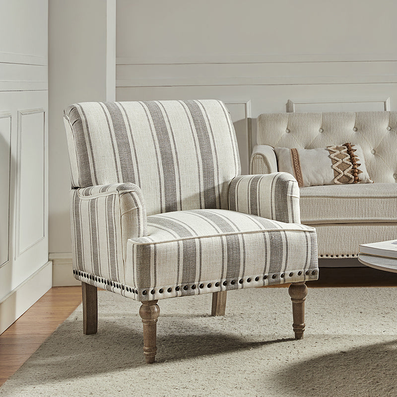 Fauteuil en polyester rayé avec garniture cloutée, accoudoirs carrés et pieds en bois sculpté gris fumé | Marine / Gris / Noir / Bleu | Siège unique