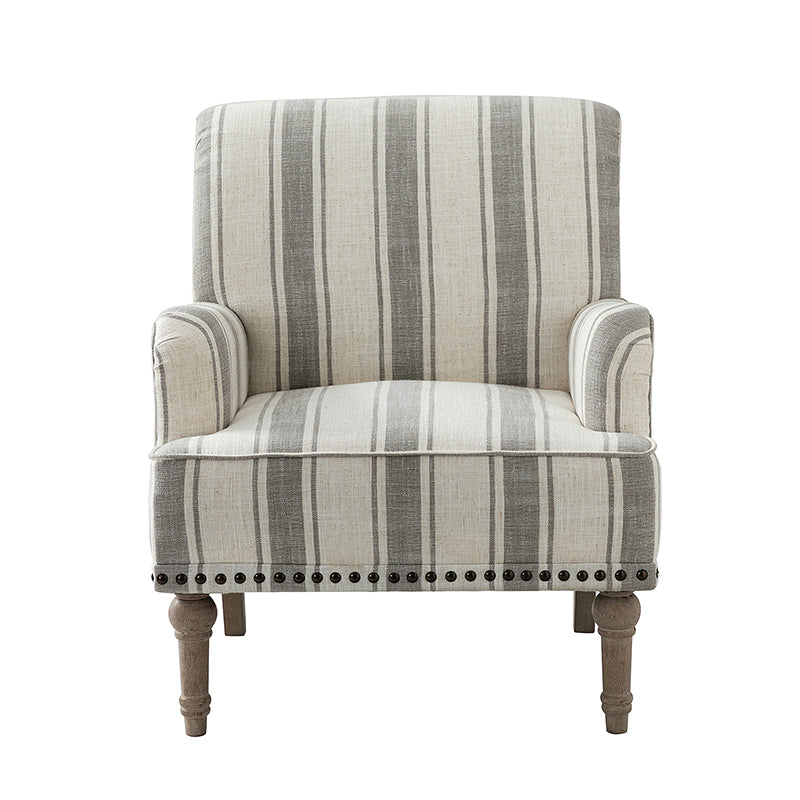 Fauteuil en polyester rayé avec garniture cloutée, accoudoirs carrés et pieds en bois sculpté gris fumé | Marine / Gris / Noir / Bleu | Siège unique