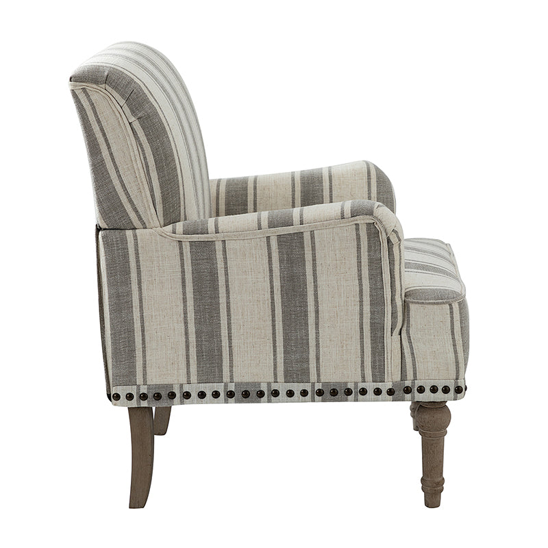 Fauteuil en polyester rayé avec garniture cloutée, accoudoirs carrés et pieds en bois sculpté gris fumé | Marine / Gris / Noir / Bleu | Siège unique