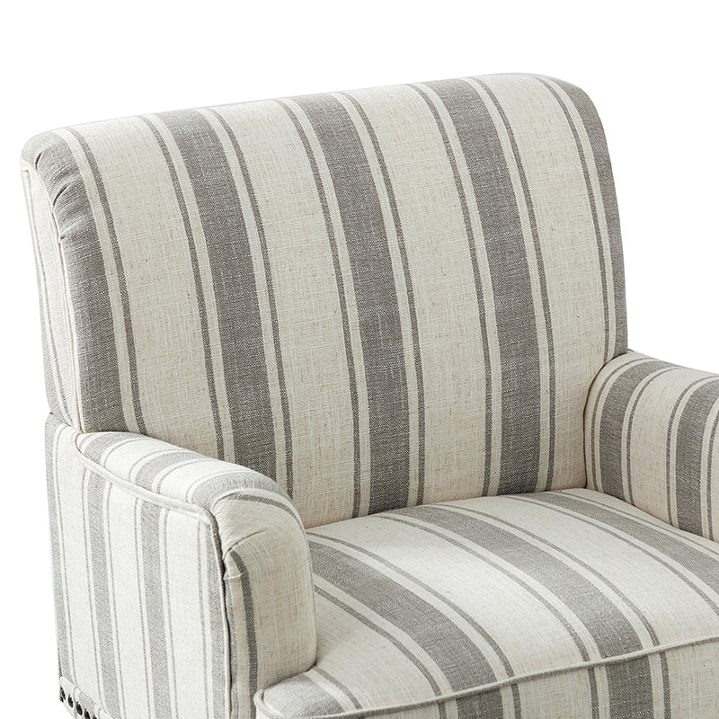 Fauteuil en polyester rayé avec garniture cloutée, accoudoirs carrés et pieds en bois sculpté gris fumé | Marine / Gris / Noir / Bleu | Siège unique