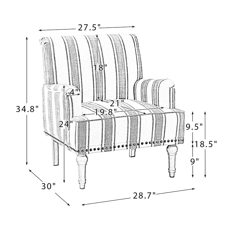Fauteuil en polyester rayé avec garniture cloutée, accoudoirs carrés et pieds en bois sculpté gris fumé | Marine / Gris / Noir / Bleu | Siège unique