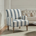 Fauteuil en polyester rayé avec garniture cloutée, accoudoirs carrés et pieds en bois sculpté gris fumé | Marine / Gris / Noir / Bleu | Siège unique