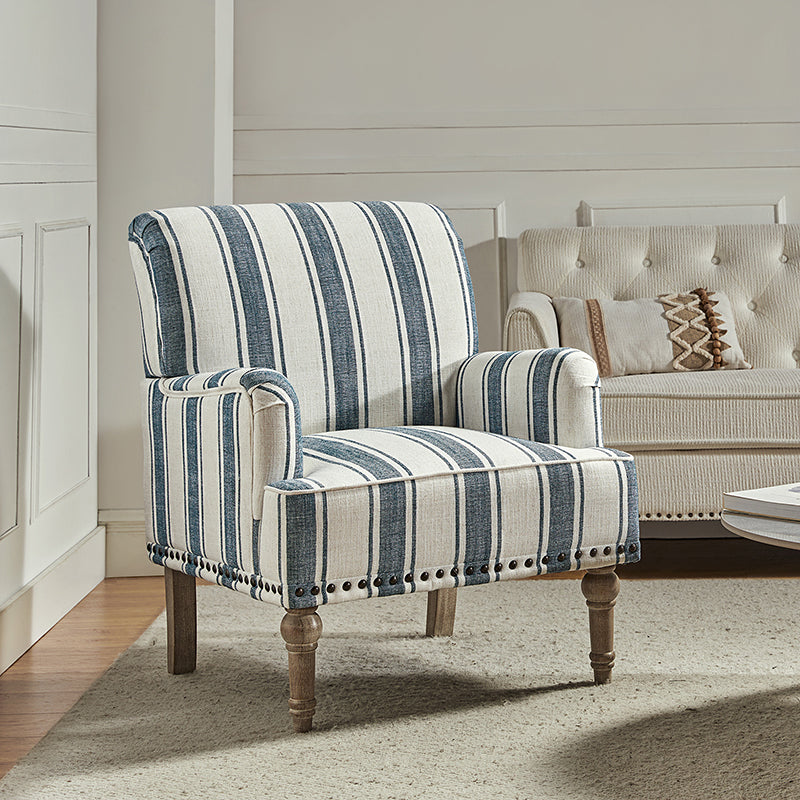Fauteuil en polyester rayé avec garniture cloutée, accoudoirs carrés et pieds en bois sculpté gris fumé | Marine / Gris / Noir / Bleu | Siège unique