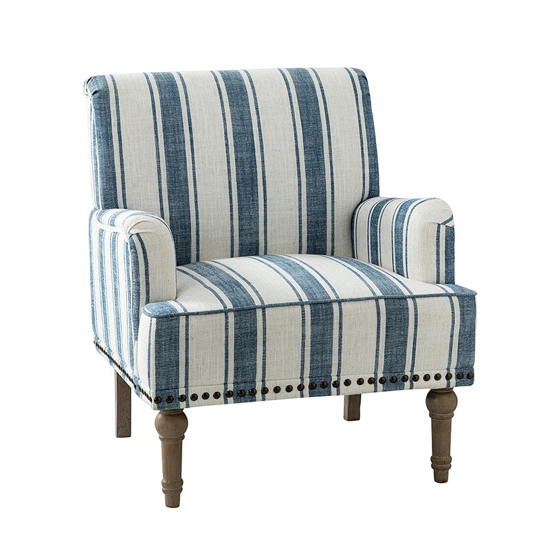 Fauteuil en polyester rayé avec garniture cloutée, accoudoirs carrés et pieds en bois sculpté gris fumé | Marine / Gris / Noir / Bleu | Siège unique