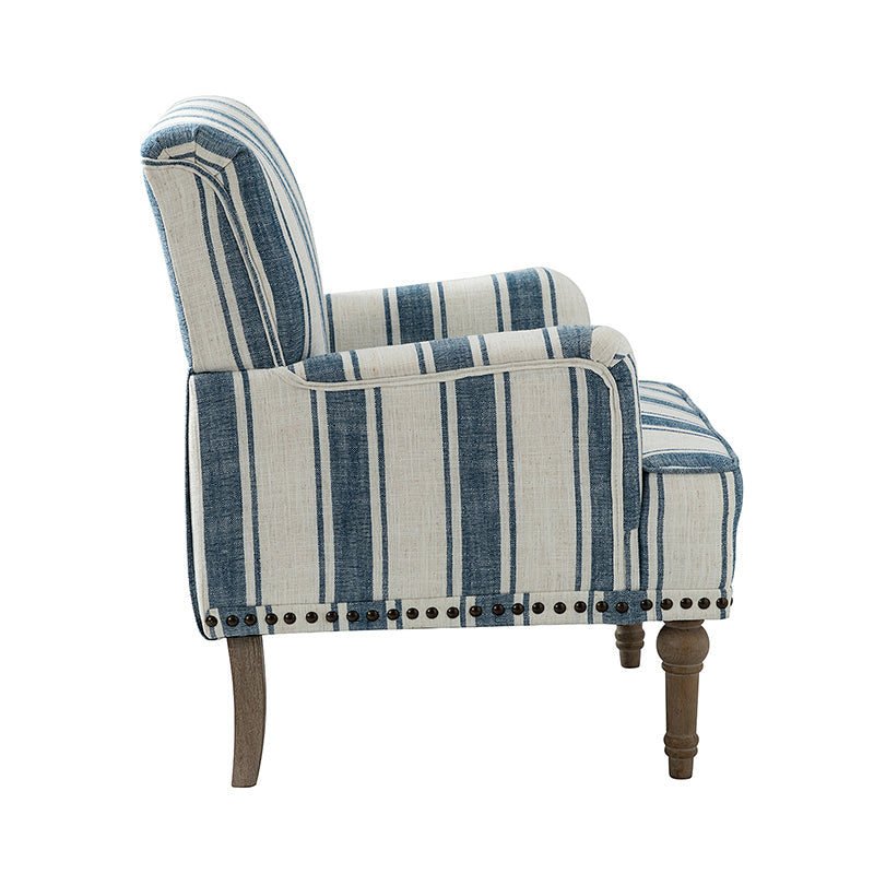 Fauteuil en polyester rayé avec garniture cloutée, accoudoirs carrés et pieds en bois sculpté gris fumé | Marine / Gris / Noir / Bleu | Siège unique