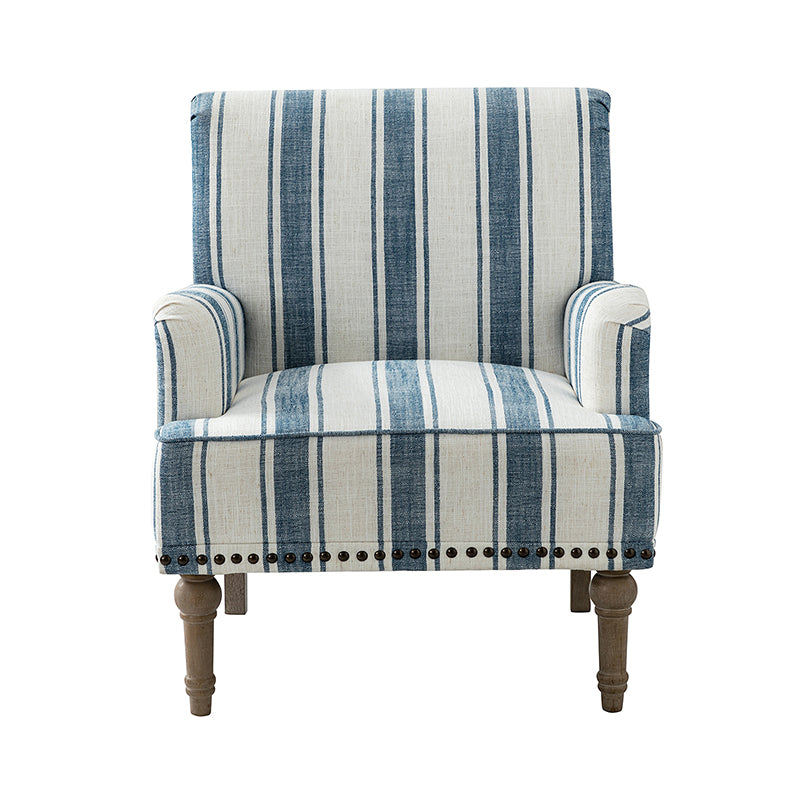 Fauteuil en polyester rayé avec garniture cloutée, accoudoirs carrés et pieds en bois sculpté gris fumé | Marine / Gris / Noir / Bleu | Siège unique