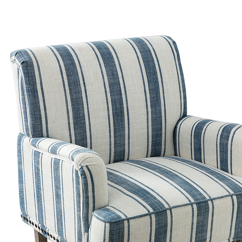 Fauteuil en polyester rayé avec garniture cloutée, accoudoirs carrés et pieds en bois sculpté gris fumé | Marine / Gris / Noir / Bleu | Siège unique