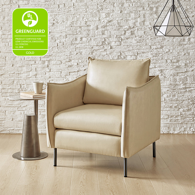 Fauteuil en similicuir à accoudoirs carrés avec coussins amovibles, assise en mousse et ressorts hélicoïdaux et pieds en métal gris fumé | Camel / Marron / Beige / Noir / Gris / Bleu marine | Une place