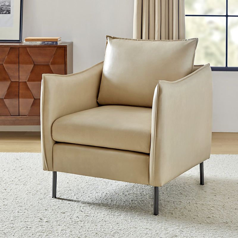 Fauteuil en similicuir à accoudoirs carrés avec coussins amovibles, assise en mousse et ressorts hélicoïdaux et pieds en métal gris fumé | Camel / Marron / Beige / Noir / Gris / Bleu marine | Une place