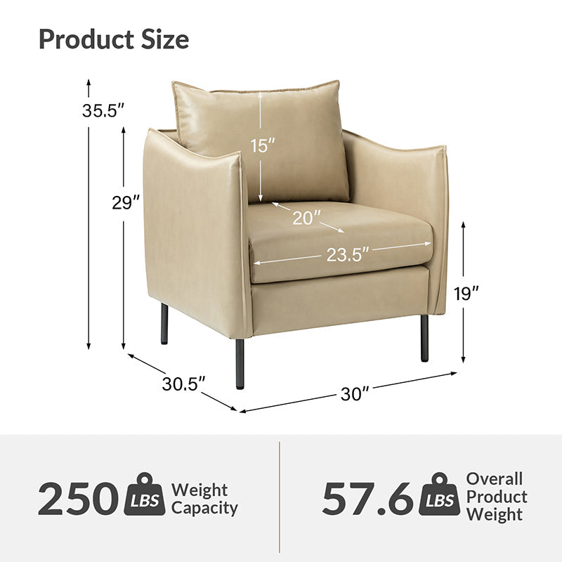 Fauteuil en similicuir à accoudoirs carrés avec coussins amovibles, assise en mousse et ressorts hélicoïdaux et pieds en métal gris fumé | Camel / Marron / Beige / Noir / Gris / Bleu marine | Une place