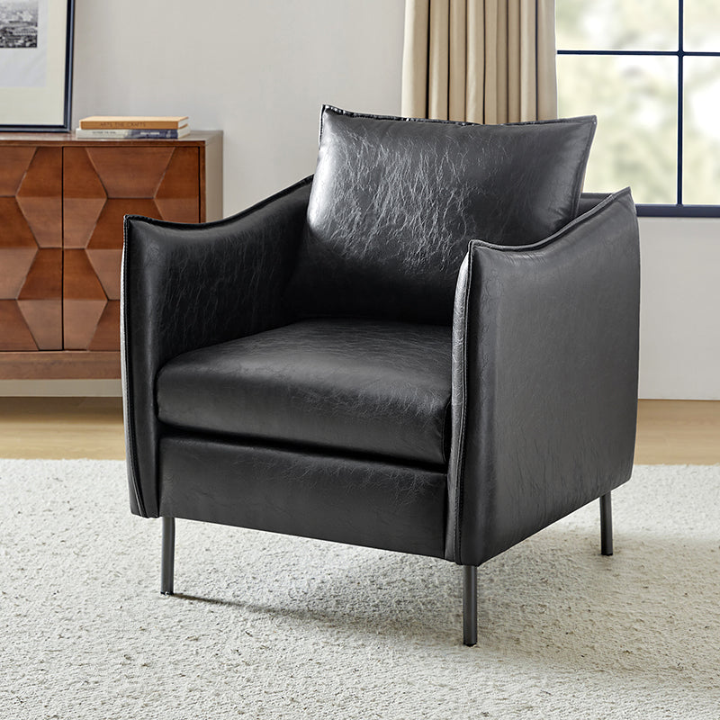 Fauteuil en similicuir à accoudoirs carrés avec coussins amovibles, assise en mousse et ressorts hélicoïdaux et pieds en métal gris fumé | Camel / Marron / Beige / Noir / Gris / Bleu marine | Une place