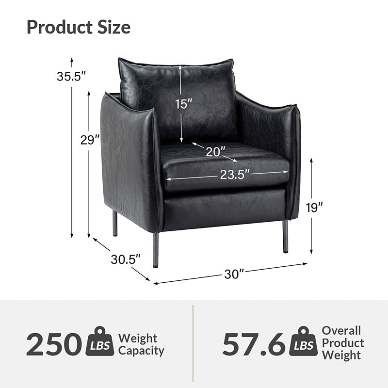 Fauteuil en similicuir à accoudoirs carrés avec coussins amovibles, assise en mousse et ressorts hélicoïdaux et pieds en métal gris fumé | Camel / Marron / Beige / Noir / Gris / Bleu marine | Une place