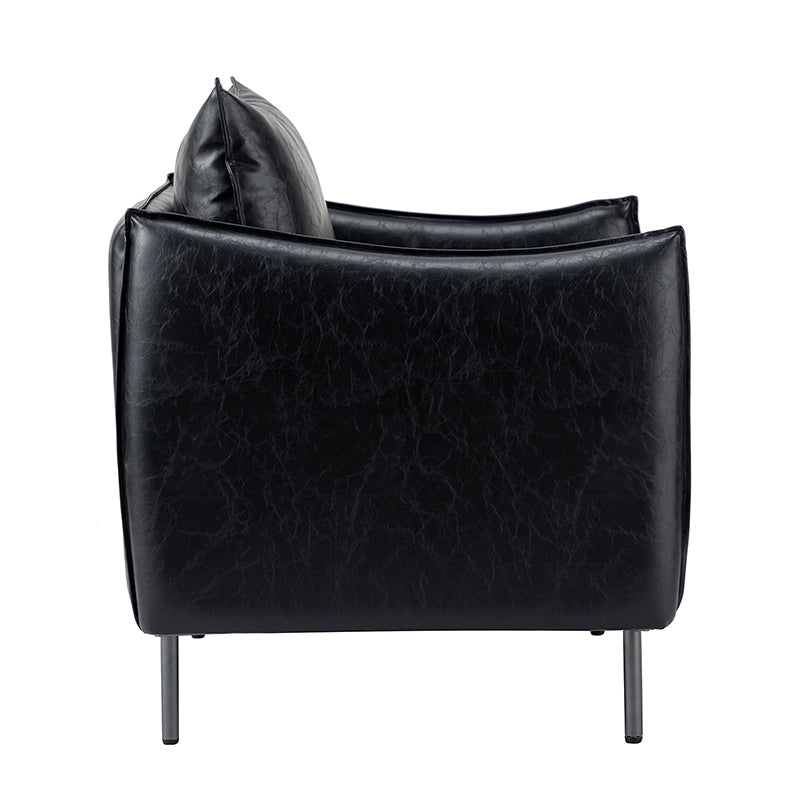Fauteuil en similicuir à accoudoirs carrés avec coussins amovibles, assise en mousse et ressorts hélicoïdaux et pieds en métal gris fumé | Camel / Marron / Beige / Noir / Gris / Bleu marine | Une place