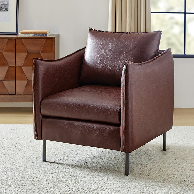 Fauteuil en similicuir à accoudoirs carrés avec coussins amovibles, assise en mousse et ressorts hélicoïdaux et pieds en métal gris fumé | Camel / Marron / Beige / Noir / Gris / Bleu marine | Une place