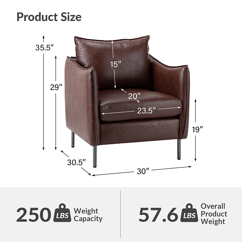 Fauteuil en similicuir à accoudoirs carrés avec coussins amovibles, assise en mousse et ressorts hélicoïdaux et pieds en métal gris fumé | Camel / Marron / Beige / Noir / Gris / Bleu marine | Une place