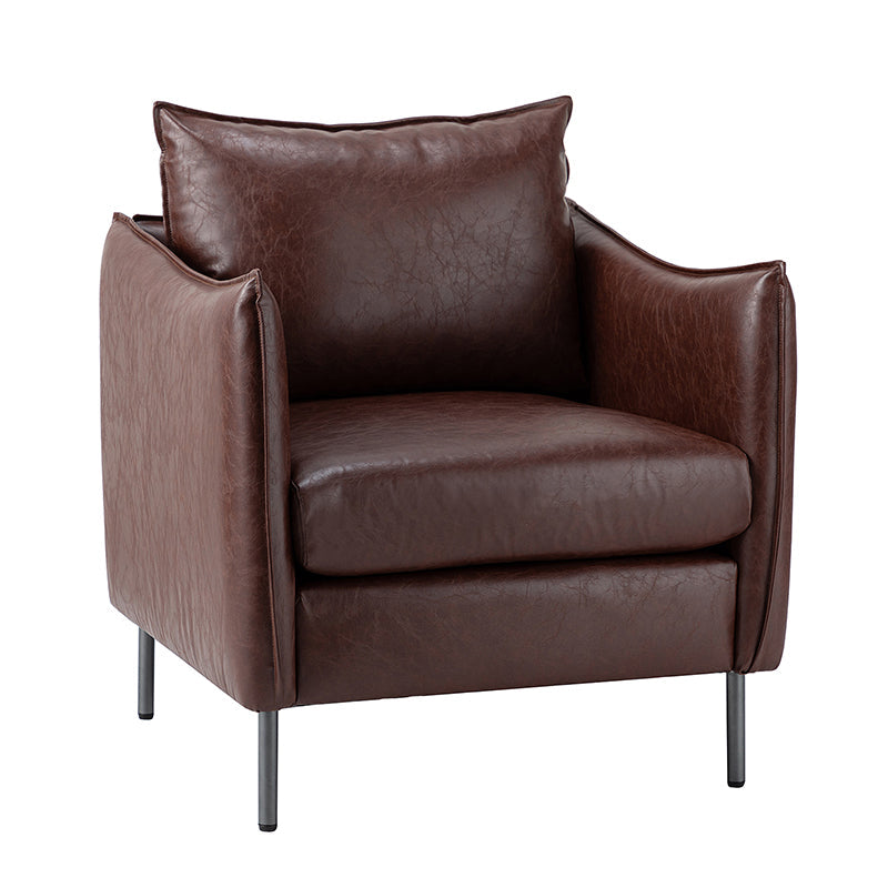 Fauteuil en similicuir à accoudoirs carrés avec coussins amovibles, assise en mousse et ressorts hélicoïdaux et pieds en métal gris fumé | Camel / Marron / Beige / Noir / Gris / Bleu marine | Une place