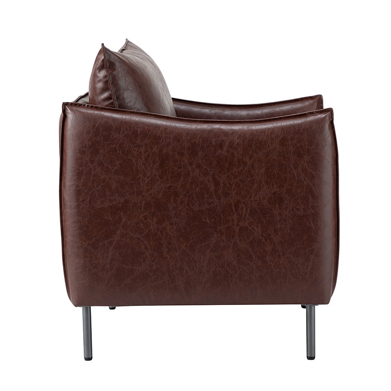 Fauteuil en similicuir à accoudoirs carrés avec coussins amovibles, assise en mousse et ressorts hélicoïdaux et pieds en métal gris fumé | Camel / Marron / Beige / Noir / Gris / Bleu marine | Une place
