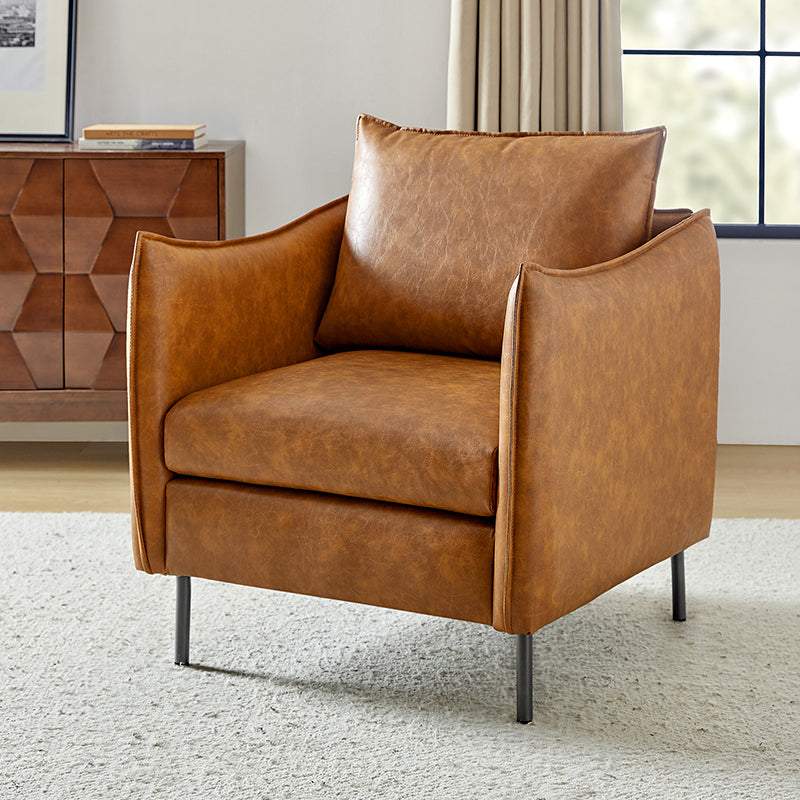 Fauteuil en similicuir à accoudoirs carrés avec coussins amovibles, assise en mousse et ressorts hélicoïdaux et pieds en métal gris fumé | Camel / Marron / Beige / Noir / Gris / Bleu marine | Une place