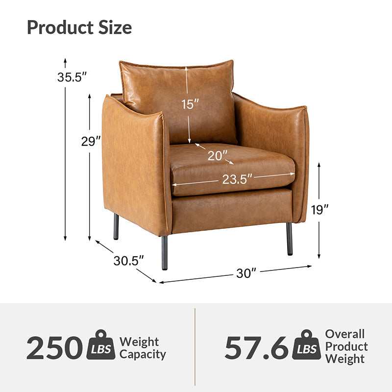 Fauteuil en similicuir à accoudoirs carrés avec coussins amovibles, assise en mousse et ressorts hélicoïdaux et pieds en métal gris fumé | Camel / Marron / Beige / Noir / Gris / Bleu marine | Une place