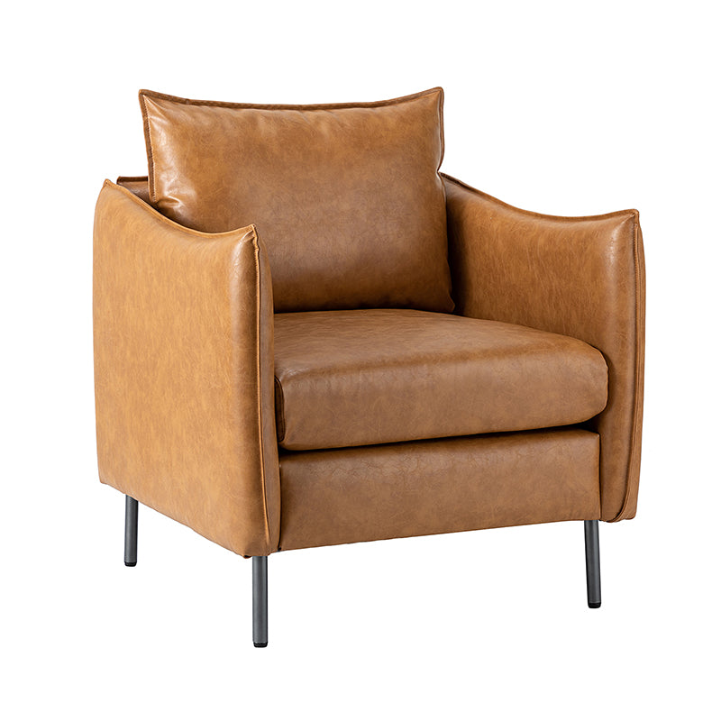 Fauteuil en similicuir à accoudoirs carrés avec coussins amovibles, assise en mousse et ressorts hélicoïdaux et pieds en métal gris fumé | Camel / Marron / Beige / Noir / Gris / Bleu marine | Une place