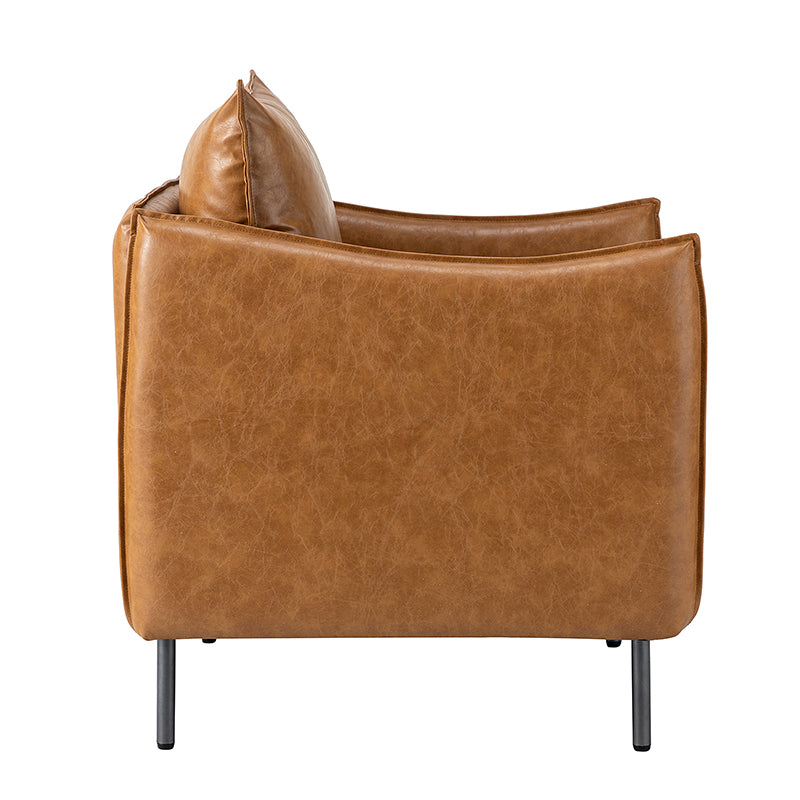 Fauteuil en similicuir à accoudoirs carrés avec coussins amovibles, assise en mousse et ressorts hélicoïdaux et pieds en métal gris fumé | Camel / Marron / Beige / Noir / Gris / Bleu marine | Une place