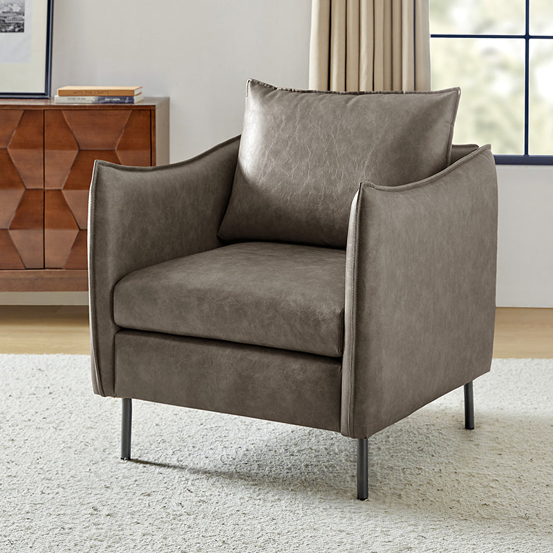Fauteuil en similicuir à accoudoirs carrés avec coussins amovibles, assise en mousse et ressorts hélicoïdaux et pieds en métal gris fumé | Camel / Marron / Beige / Noir / Gris / Bleu marine | Une place