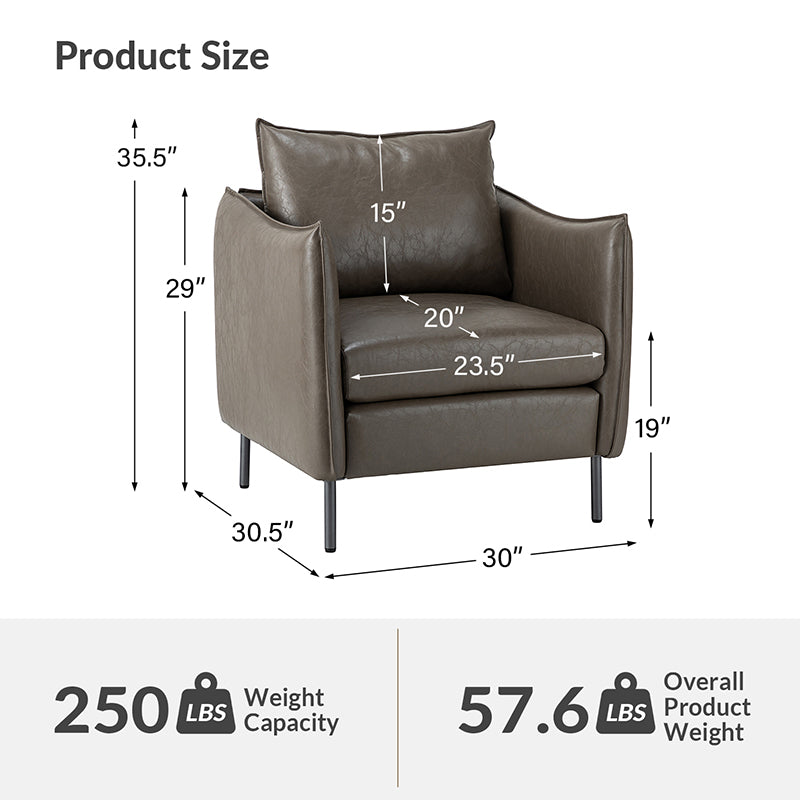 Fauteuil en similicuir à accoudoirs carrés avec coussins amovibles, assise en mousse et ressorts hélicoïdaux et pieds en métal gris fumé | Camel / Marron / Beige / Noir / Gris / Bleu marine | Une place